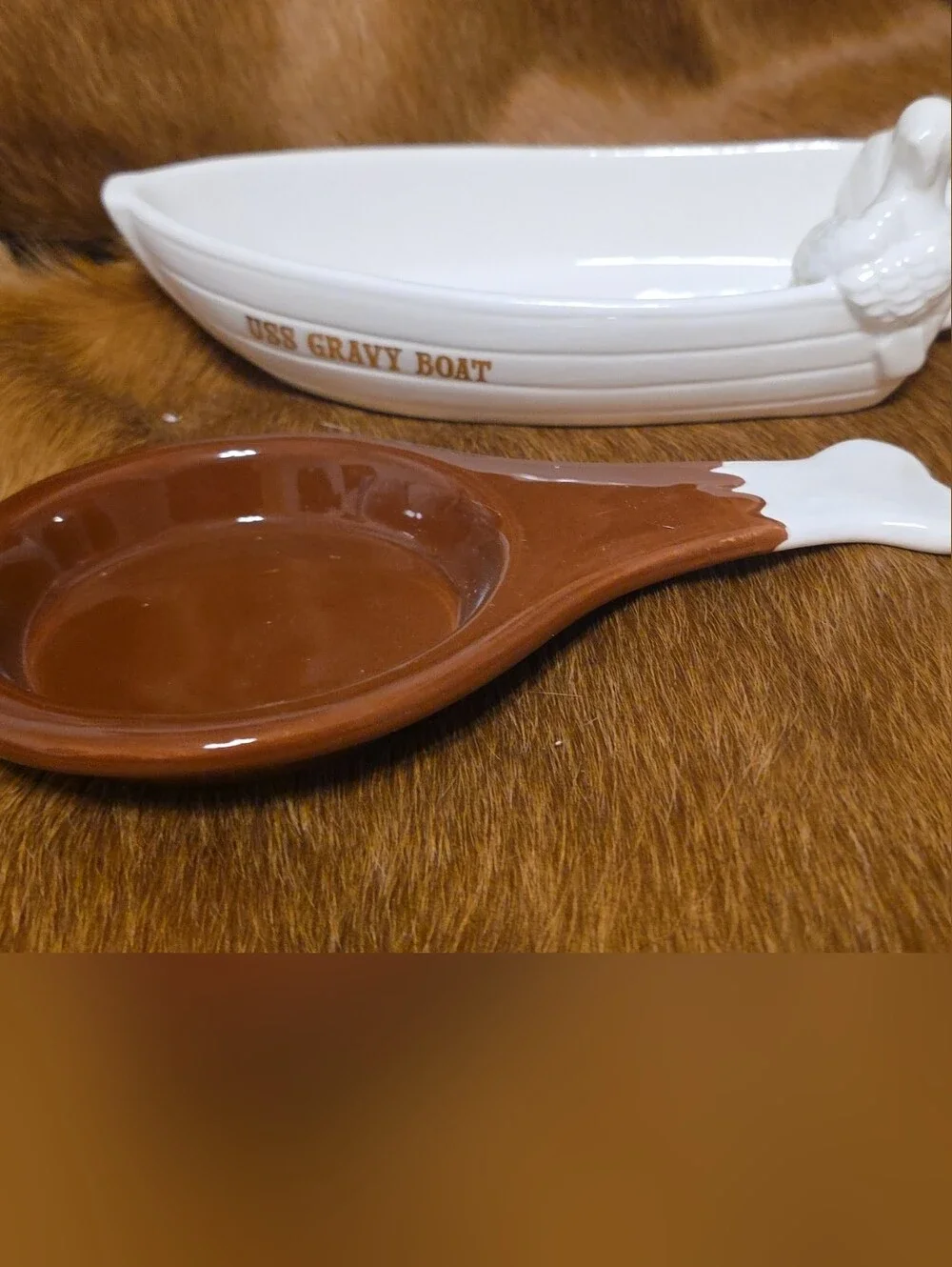 Thanksgiving Decor - Gravy Boat and Spoon Rest- Brown & White